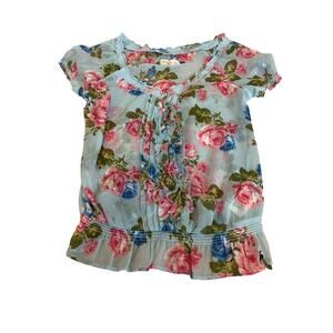 Abercrombie & Fitch L Off Shoulder Shirt Blue Floral Pink Rose Sheer Ruffle Top